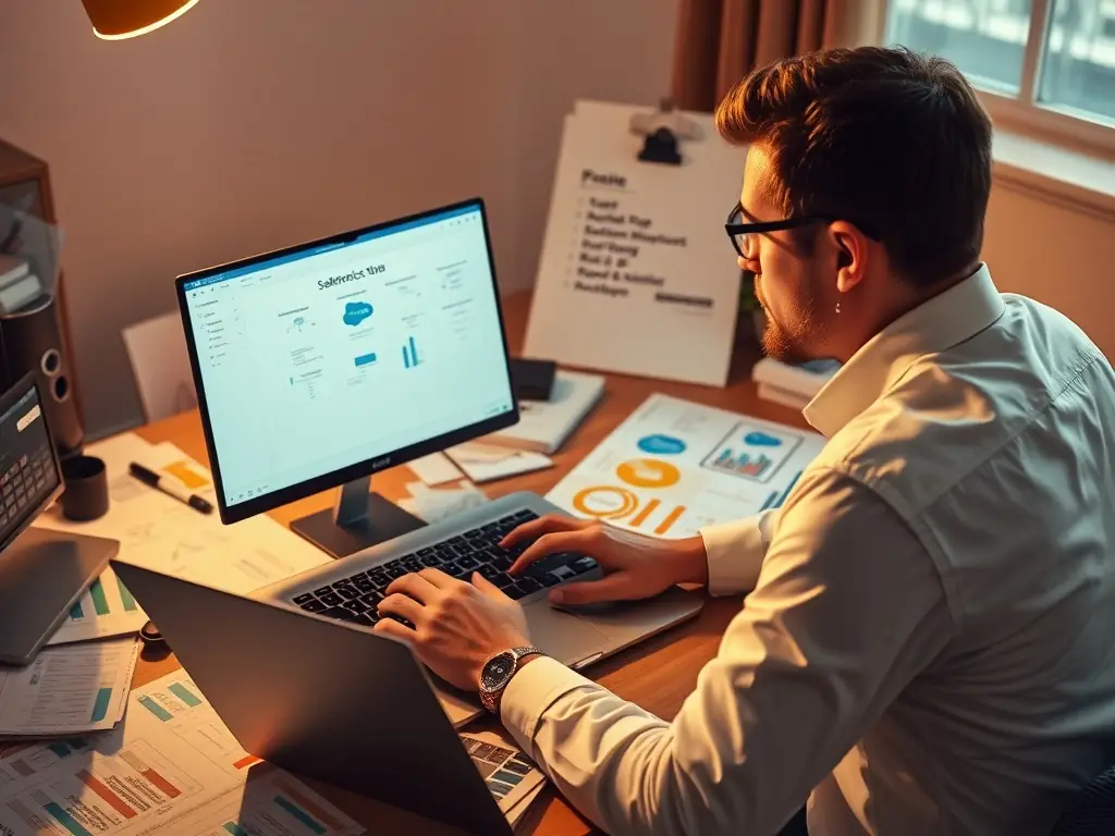 A professional consultant is configuring Salesforce Sales Cloud on a laptop, showcasing the customization options available to tailor the platform to specific business needs.